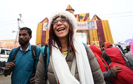 PRAYAGRAJ, INDIA - JANUARY 12:  Foreign tourists visiting the Mahakumbh Nagar in Prayagraj on...