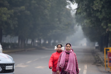 GURUGRAM, INDIA - JANUARY 12: People take a morning walk in a sector-29 road amid cold weather near Huda Ground, Rajiv Chowk, on January 12, 2025 in Gurugram, India. North India is reeling under cold weather with temperatures plummeting across several staのeditorial素材