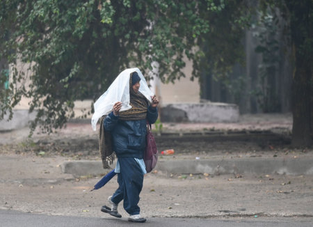 NOIDA, INDIA - JANUARY 11: Commuters during winter light rain in Sector 26, Rain adds to severe cold wave in North India Several parts of Delhi-NCR received rainfall in the evening, on January 11, 2025 in Noida, India. (Photo by Sunil Ghosh/Hindustan Timeのeditorial素材