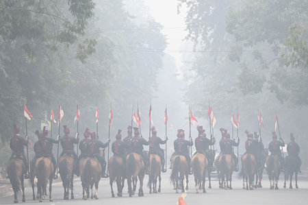 NEW DELHI, INDIA - JANUARY 12: Indian President Bodyguard during Republic Day parade rehearsal, at Kartavya Path during foggy morning, on January 12, 2025 in New Delhi, India. North India is reeling under cold weather with temperatures plummeting across sのeditorial素材