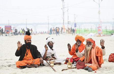 PRAYAGRAJ, INDIA - JANUARY 12: A group of Sadhu's sitting at the bank of Sangam on January 12, 2025 in Prayagraj, India. The next Maha Kumbh Mela will take place in Prayagraj from January 13 to February 26, 2025. The festival is expected to attract over 4のeditorial素材