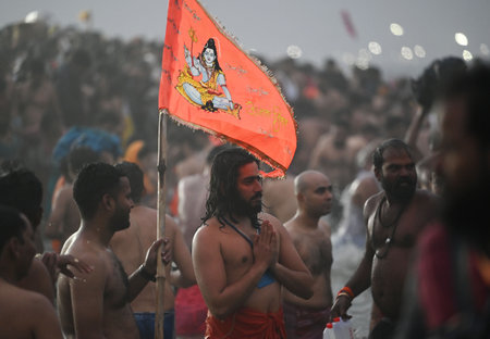 PRAYAGRAJ INDIA JANUARY 14 2025 Seers and Saints take holy dip at Sangam on the occasion of Makar...