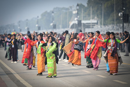 NEW DELHI, INDIA - JANUARY 19: Students seen practicing for the upcoming Republic Day Parade at...
