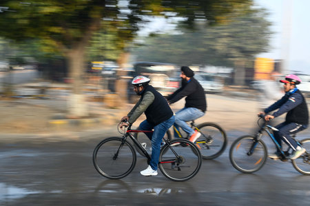 GURUGRAM, INDIA - JANUARY 19: Cyclist participate in Fit India Cyclothon at the open air theatre sector-29 organised by District Administration and Raahgiri Foundation; the cyclothon was flagged off by Cabinet Minister Rao Narbir Singh and Actress and Fitのeditorial素材