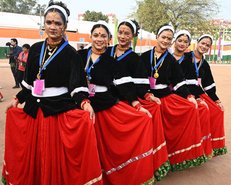 NEW DELHI, INDIA - JANUARY 22: Uttarkhand state artists during a press preview during the Press preview of tableaux participating in Republic Day Parade 2025, at Rashtriya Rangshala Camp, Parade Ground, Delhi Cantt, on January 22, 2025 in New Delhi, Indiaのeditorial素材