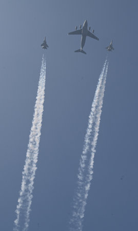 NEW DELHI INDIA JANUARY 23 2025 Indian Air Force fighter jets fly past during the full dress...