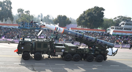 NEW DELHI INDIA JANUARY 23 2025 Pralay missile on display during the full dress rehearsal for the...
