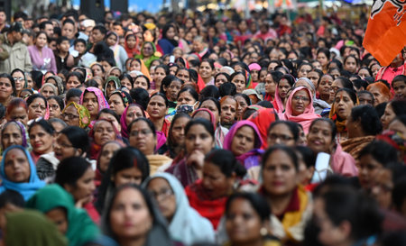 NEW DELHI INDIA JANUARY 23 2025 women supporters address a Public Meeting in the support of BJP Karol Bagh candidate Dushyant Gautam for delhi assembly Election at Arya Samajtar Mandir Road Karol Bagh on January 23 2025 in New Delhi India Photo by Sonu Meのeditorial素材