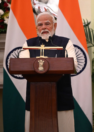 NEW DELHI INDIA JANUARY 25 2025 Indian Prime Minister Narendra Modi address a joint press briefing with Indonesian President Prabowo Subianto at Hyderabad House on January 25 2025 in New Delhi India Photo by Salman Ali Hindustan Timesのeditorial素材