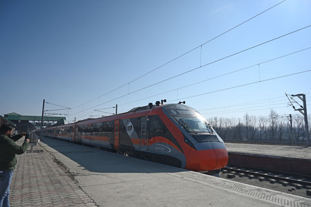 SRINAGAR INDIA JANUARY 25 2025 Vande Bharat train runs on a railway track during a trial run on...