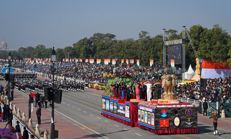 NEW DELHI INDIA JANUARY 26 2025 A tableaux of Defence Veterans on display during the Republic Day...
