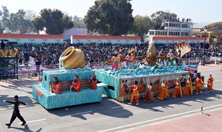 NEW DELHI INDIA JANUARY 26 2025 A tableaux from Uttar Pradesh State on display during the Republic...