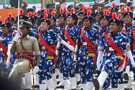 KOLKATA INDIA JANUARY 26 2025 West Bengal Police Lady RAF Contingent show skills during the 76th Republic Day Parade ceremony at Red Road on January 26 2025 in Kolkata India Photo by Samir Jana Hindustan Timesのeditorial素材