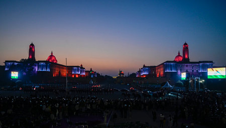 NEW DELHI INDIA JANUARY 27 2025 illuminated view of Rashtrapati Bhawan lit with Lights during the...