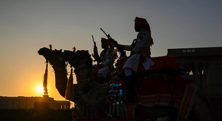 NEW DELHI INDIA JANUARY 27 2025 BSF Camel Contingent during the Full Dress Rehearsals for the upcoming Beating Retreat ceremony 2025 at Vijay Chowk on January 27 2025 in New Delhi India Photo by Raj K Raj Hindustan Timesのeditorial素材