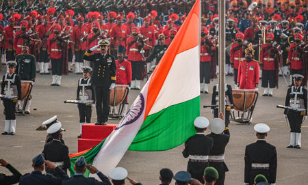 NEW DELHI INDIA JANUARY 27 2025 Indian Defence tri service personnel during the Full Dress Rehearsals for the upcoming Beating Retreat ceremony 2025 at Vijay Chowk on January 27 2025 in New Delhi India Photo by Raj K Raj Hindustan Timesのeditorial素材