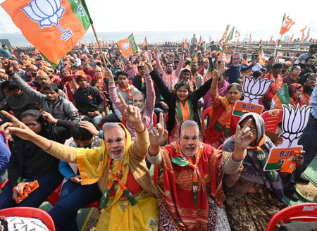 NEW DELHI, INDIA - JANUARY 29: BJP supporters and workers during â€˜Viksit Delhi Sankalp...