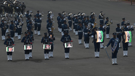 NEW DELHI, INDIA - JANUARY 29: Tri Services Band seen performing during the Beating Retreat...
