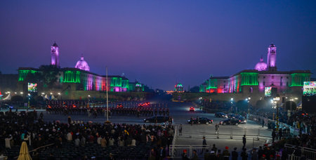 NEW DELHI, INDIA - JANUARY 29: A view of illuminated Rashtrapati Bhavan and north -south Block...