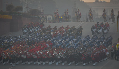 NEW DELHI, INDIA - JANUARY 29: Tri-service bands perform during the Beating Retreat ceremony 2025,...