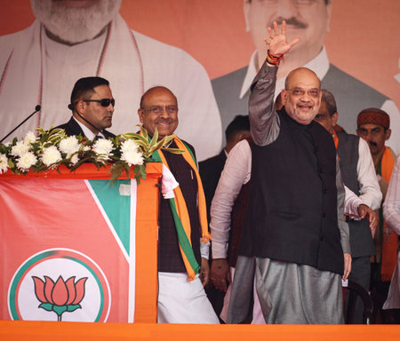 NEW DELHI INDIA JANUARY 30 2025 Union Home Minister Amit Shah during the public Rally in favor of BJP candidate Vijender Gupta from Rohini Assembly at Sector 7 on January 30 2025 in New Delhi India Photo by Raj K Raj Hindustan Timesのeditorial素材