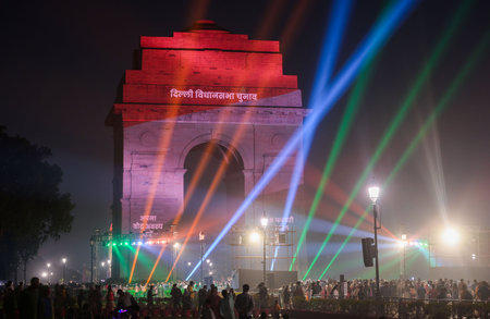 NEW DELHI, INDIA - FEBRUARY 1: A view of visitors at the Kartavya path in the backdrop of...