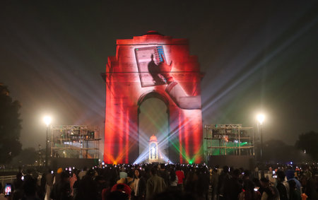 NEW DELHI, INDIA - FEBRUARY 1: A view of visitors at the Kartavya path in the backdrop of...