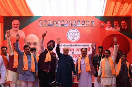 NEW DELHI, INDIA - FEBRUARY 3: Union Home Minister Amit Shah during an election rally in favor of...