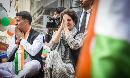 NEW DELHI, INDIA - FEBRUARY 3: Congress General Secretary Priyanka Gandhi during a Roadshow at Kotla MubarakPur, Kasturba Nagar Constituency rallying support for Congress candidate Abhishek Dutt ahead of the 2025 Delhi Assembly elections elections, on Febのeditorial素材