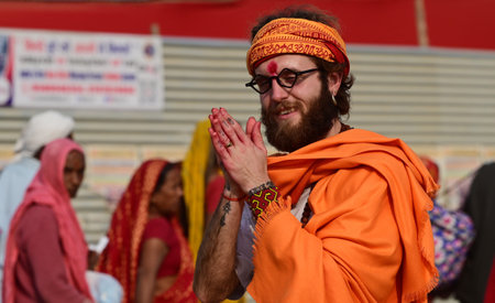 PRAYAGRAJ, INDIA - FEBRUARY 1: Foreign devotees visit at the Mela ground duringÂ Mahakumbh 2025 on February 1, 2025 in Prayagraj, India. (Photo by Deepak Gupta/Hindustan Times )のeditorial素材