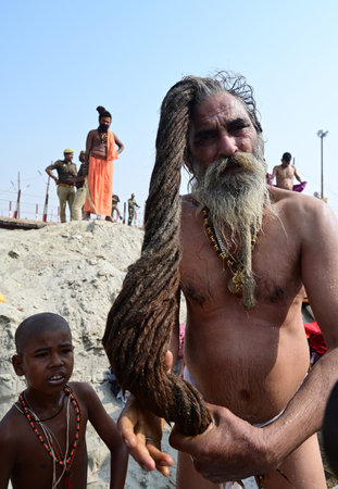 PRAYAGRAJ, INDIA - JANUARY 29: Sadhu and seers of the Aavahan Akhada take a holy dip in the Sangam on the occasion of 'Mauni Amavasya' during the Mahakumbh on January 29, 2025 in Prayagraj, India. (Photo by Deepak Gupta/Hindustan Times )のeditorial素材
