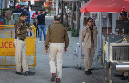 NEW DELHI, INDIA - FEBRUARY 7: Delhi police personnel seen outside a strongroom Polling Station in...