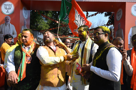 NEW DELHI, INDIA - FEBRUARY 8: Bharatiya Janata Party (BJP) supporters and workers celebrate the...