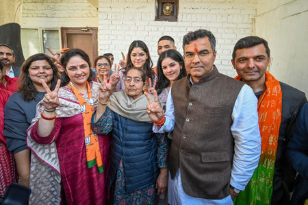 NEW DELHI, INDIA - FEBRUARY 8: Parvesh Verma, BJP's Candidate from New Delhi Assembly seen along with his family members as he wins the New Delhi Seat in Delhi Assembly Elections on February 8, 2025 in New Delhi, India. The BJP is set to form the governmeのeditorial素材