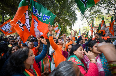 NEW DELHI, INDIA - FEBRUARY 8: Supporters of Parvesh Verma, BJP's Candidate from New Delhi Assembly...