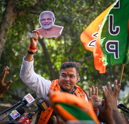 NEW DELHI, INDIA - FEBRUARY 8: Parvesh Verma, BJP's Candidate from New Delhi Assembly celebrates as...