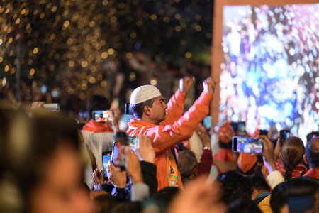 NEW DELHI, INDIA - FEBRUARY 8: BJP Supporters during the celebration at BJP HQ as the party leads in the Delhi Assembly elections at BJP headquarters on February 8, 2025 in New Delhi, India. The BJP is set to form the government after 27 years and remove のeditorial素材