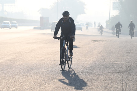 NOIDA, INDIA - FEBRUARY 9: National Disaster Response Force (NDRF) organized its inaugural cycling expedition today, spanning 50 kilometers from Delhi to Noida Sector 108 and back, on February 9, 2025 in Noida, India. The initiative aimed to promote physiのeditorial素材