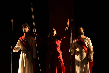 NEW DELHI INDIA FEBRUARY 10 2025 Artists from the team of Samooh Theatre Jammu perform a play The...