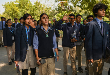 NOIDA, INDIA - FEBRUARY 15: Students exit the examination center after appearing for the Class 10 CBSE English exam at DPS Public School, Sector 30, on February 15, 2025 in Noida, India. The Central Board of Secondary Education (CBSE) board exams for  Claのeditorial素材