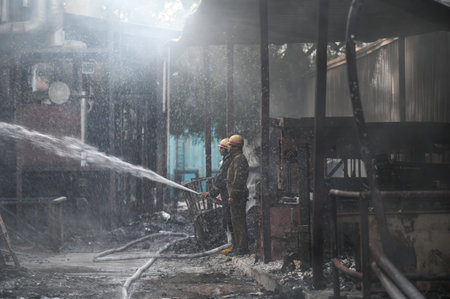 NOIDA, INDIA - FEBRUARY 15: Firefighters dousing the fire that broke out at a company manufacturing plastic bags from plastic granules in Noida Phase 2, on February 15, 2025 in Noida, India. The fire was extinguished with the help of 15 fire engines. Therのeditorial素材