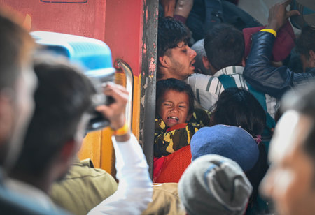 NEW DELHI, INDIA - FEBRUARY 16: Massive crowds of people seen boarding or deboarding the trains at New Delhi Railway Station on February 16, 2025 in New Delhi, India. At least 18 people were killed and more than a dozen injured in a stampede at New Delhi のeditorial素材