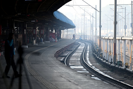 NEW DELHI, INDIA - FEBRUARY 16: A complete silence in morning at platform number 14, after New Delhi Railway station stampede last night, on February 16, 2025 in New Delhi, India. At least 18 people were killed and more than a dozen injured in a stampede のeditorial素材