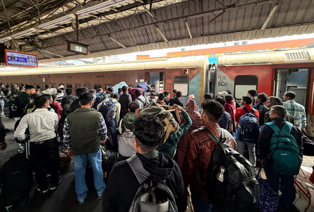 NEW DELHI, INDIA - FEBRUARY 17: Crowds of Passengers trying to board a train at New Delhi Railway...