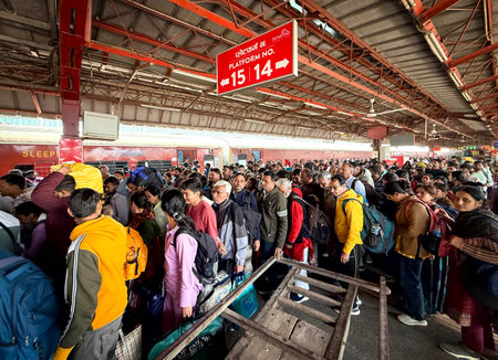 NEW DELHI, INDIA - FEBRUARY 17: Crowds of Passengers trying to board a train at New Delhi Railway...