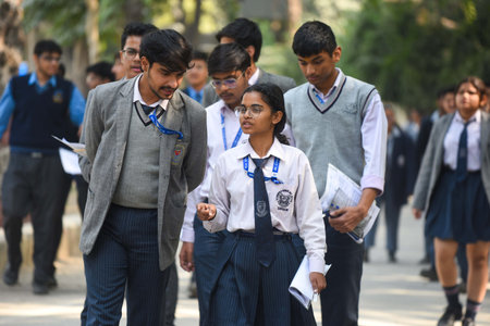 GURUGRAM, INDIA - FEBRUARY 17: Students come out after appearing in the CBSE board class 12th Physical Education exam at Kendriya Vidyalaya Old Delhi Road near sector-14, on February 17, 2025 in Gurugram, India. The Central Board of Secondary Education (Cのeditorial素材