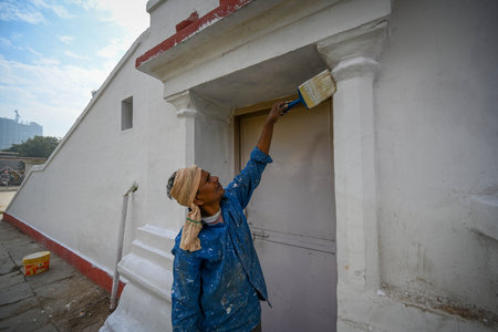 NEW DELHI, INDIA - FEBRUARY 18: Preparations underwent for the upcoming oath ceremony of Delhi's Chief Minister at Ramlila Maidan on February 20, adding the Bharatiya Janata Party (BJP) is planning a grand ceremony to celebrate the historic victory, markiのeditorial素材