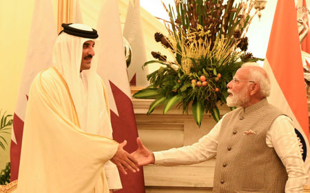 NEW DELHI, INDIA - FEBRUARY 18: Prime Minister Narendra Modi and Emir of Qatar, Sheikh Tamim Bin...
