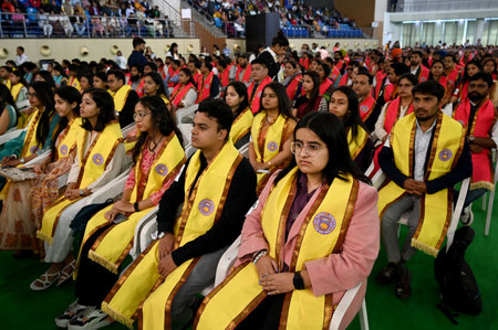 NEW DELHI, INDIA - FEBRUARY 22: Students participated at the 101th Annual Convocation of Delhi University, in presence of Union Minister of Education Dharmendra Pradhan and Vice Chancellor of Delhi University Prof Yogesh Singh, on February 22, 2025 in Newのeditorial素材