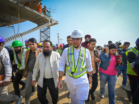 NEW DELHI, INDIA - FEBRUARY 22: Parvesh Verma, PWD Minister of the Government of Delhi inspects the PWD Projects at Barapullah Phase 3 on February 22, 2025 in New Delhi, India. He inspected road strengthening work from Bhairo Marg to Sarai Kale Khan, Ringのeditorial素材